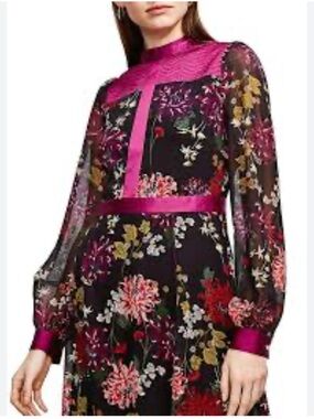 Karen Millen Magenta and Black Floral Paneled Long-Sleeve Mini Dress